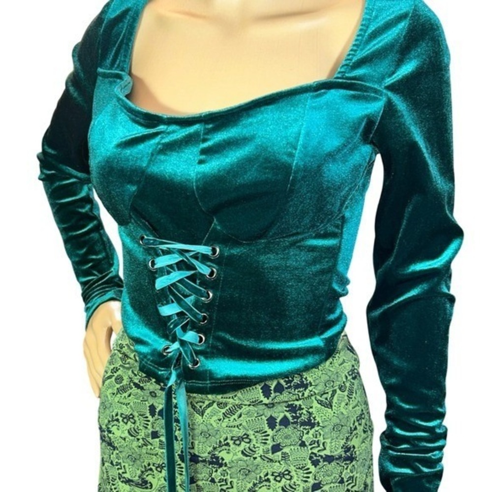 Womens Long Sleeve Lace Up Corset Top Size S Velvet Romantic‎ Goth Fairy Forest - Picture 9 of 13